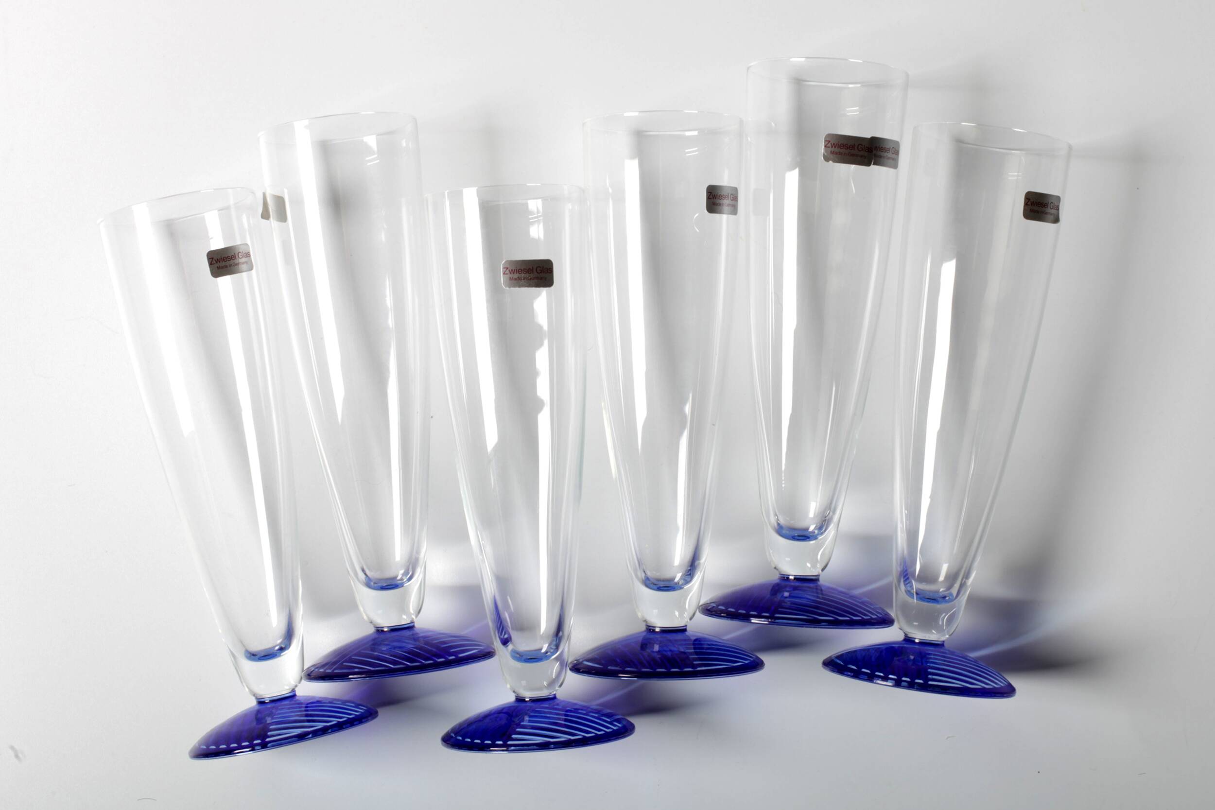 Set of 6 Vintage Blue-Footed Glasses /Rare Tall Tumblers / Zwiesel Glas / G