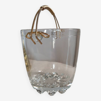 Glass ice bucket, gold handle, vintage 1960