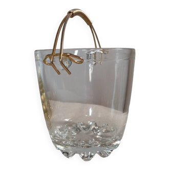 Glass ice bucket, gold handle, vintage 1960
