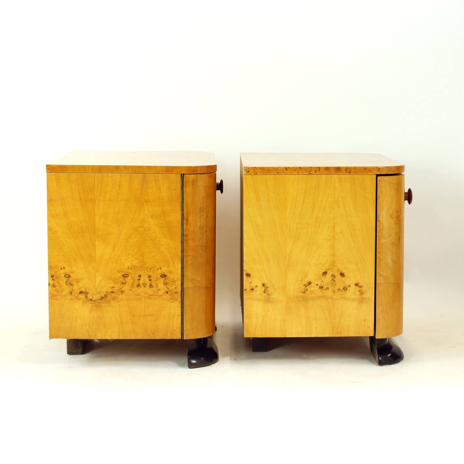 Art Deco Bedside Tables In Root Veneer, Czechoslovakia 1940s