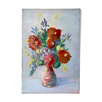Tableau ancien / huile sur toile bouquet de fleurs