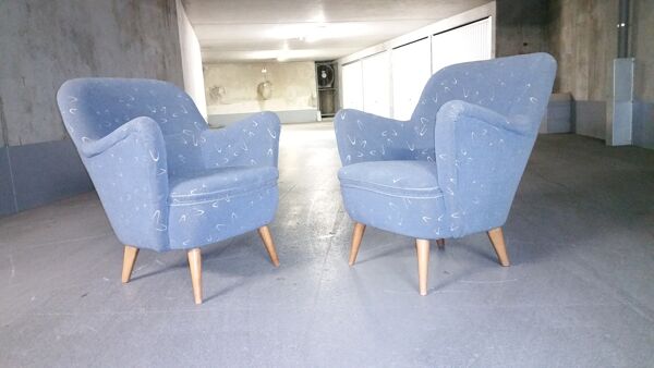 Set canapé et 2 fauteuils vintage années 50/60 organique vintage tissus original