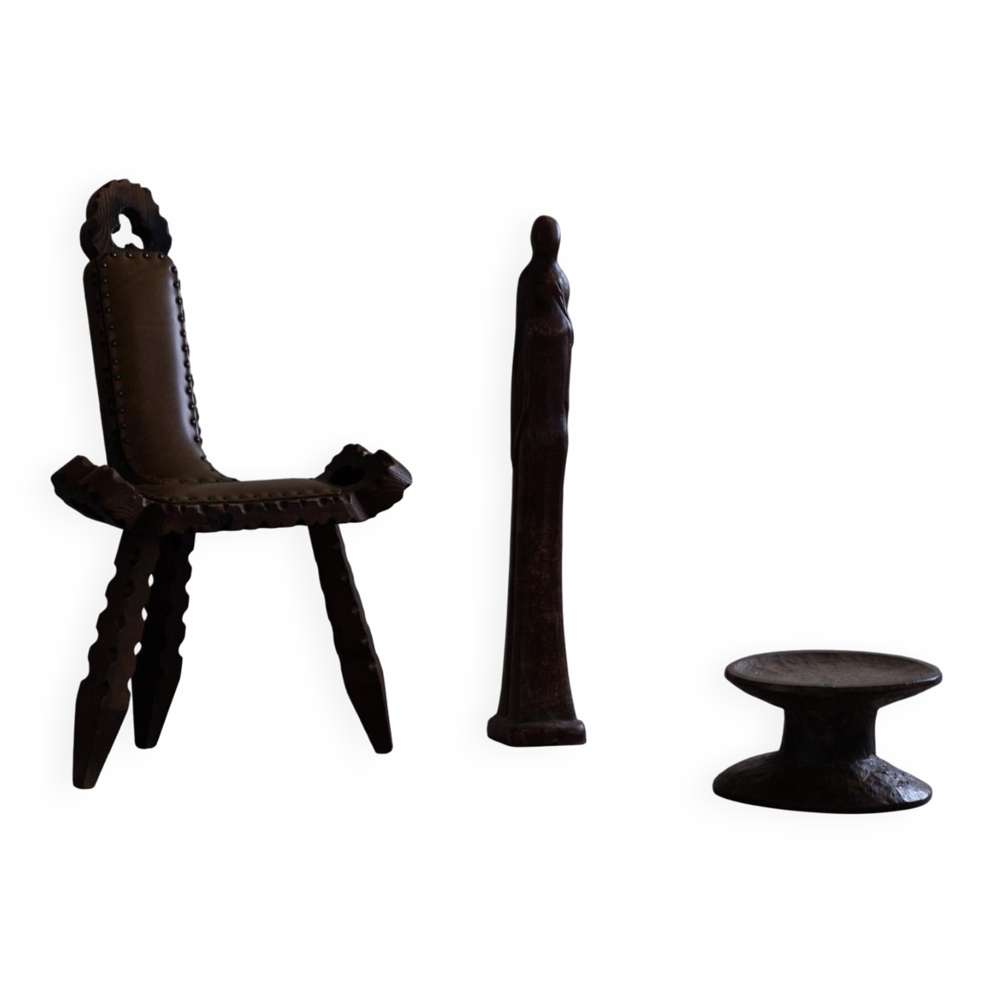 Carved wooden tripod chair with leather seat, Wabi Sabi, early 20th century.