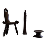 Carved wooden tripod chair with leather seat, Wabi Sabi, early 20th century.