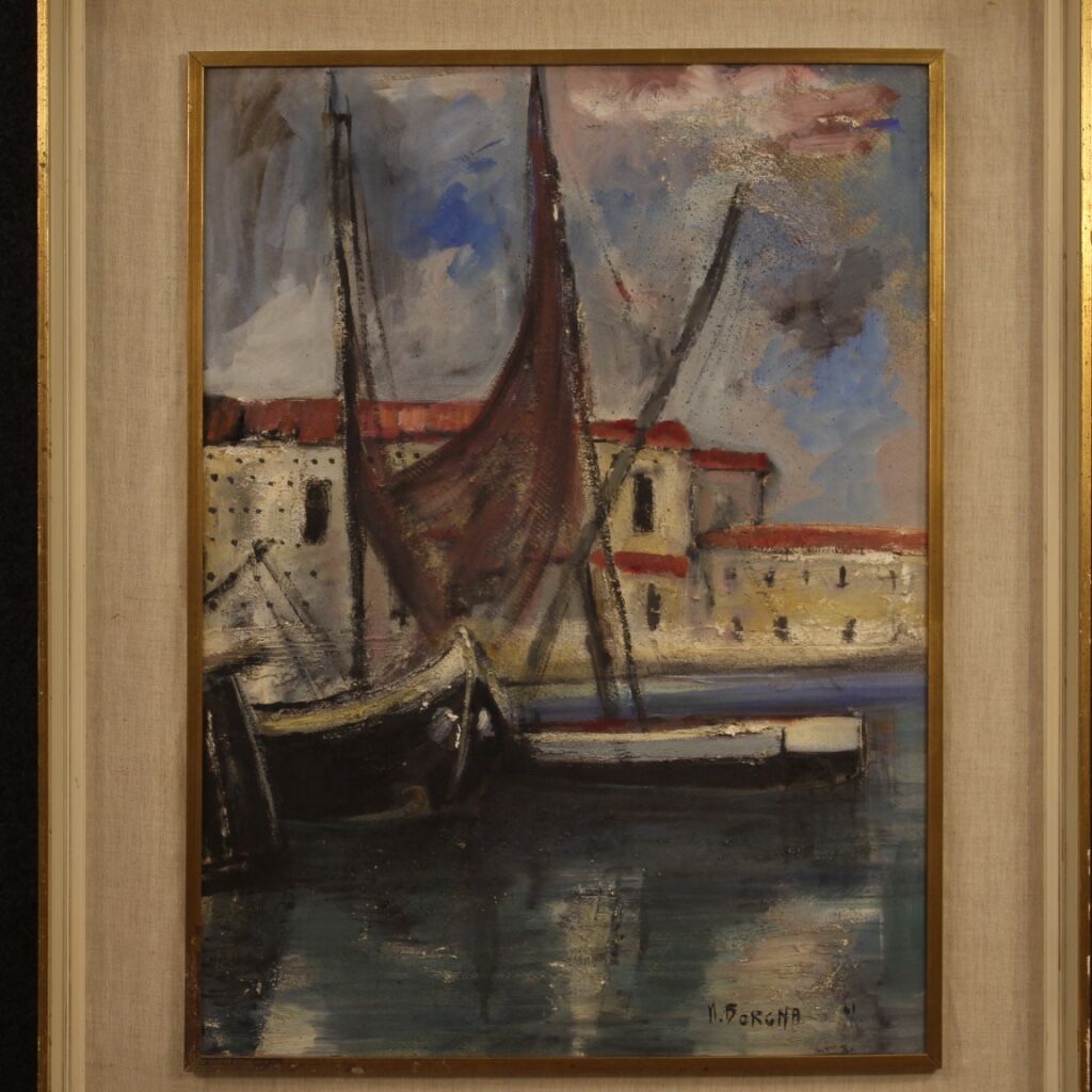 Italian painting signed harbor view with boats from 20th century