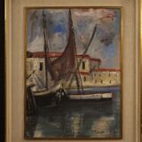 Peinture italienne signée vue sur le port avec des bateaux du 20ème siècle