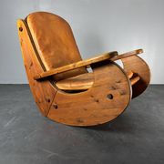 Brutalist pine rocking lounge chair with leather seat by Wasa 1984