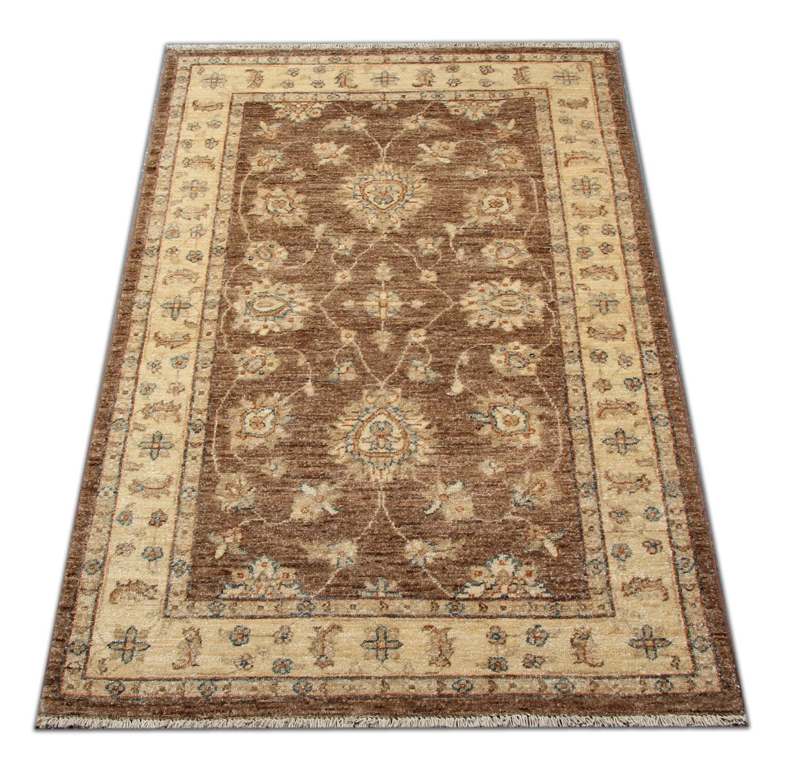 Brown Wool Rug, Handmade Floral Ziegler Carpet 148x96cm Oriental Decor
