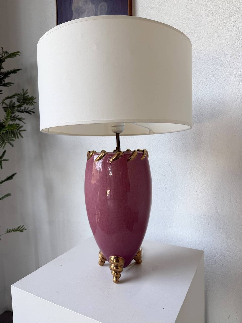 Pink and gold ceramic tripod table lamp