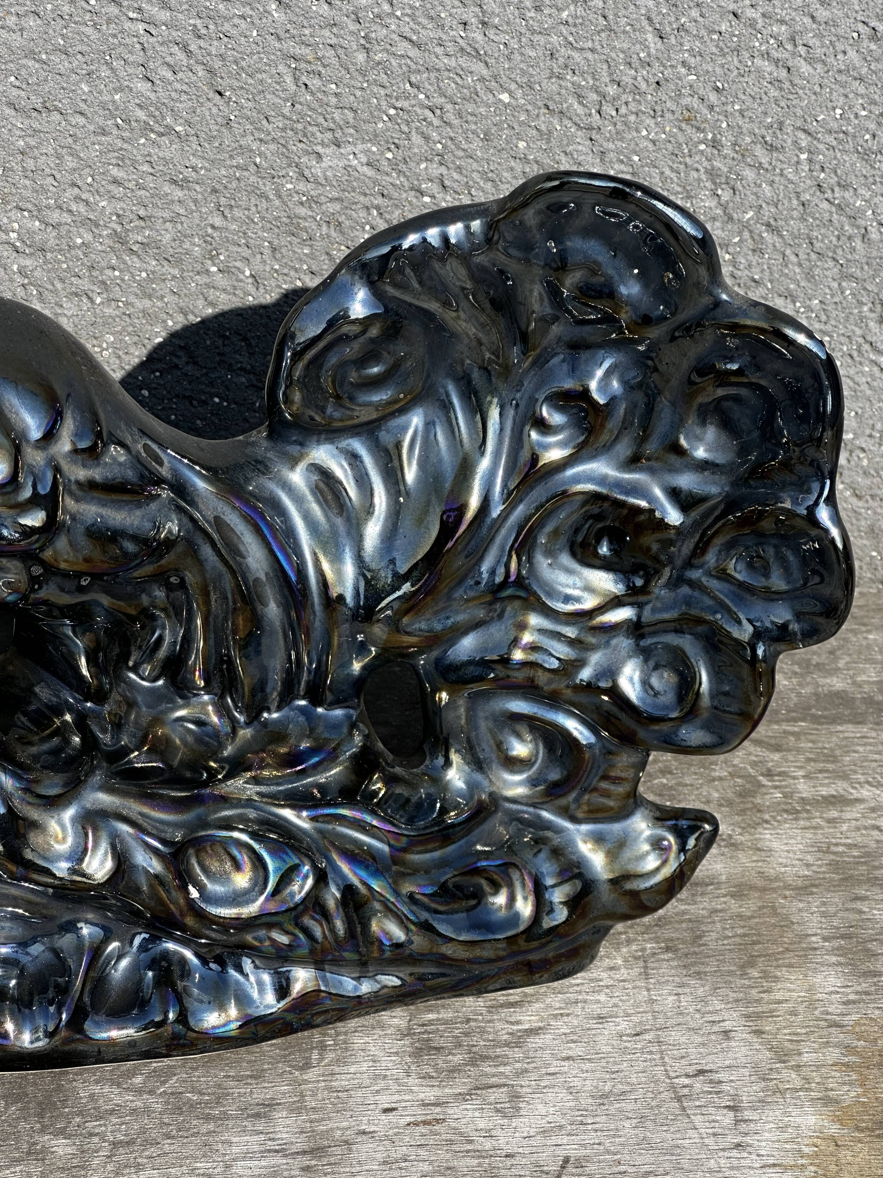 Centerpiece Pair of Peacocks Ceramic Vallauris Iridescent Anthracite Grey