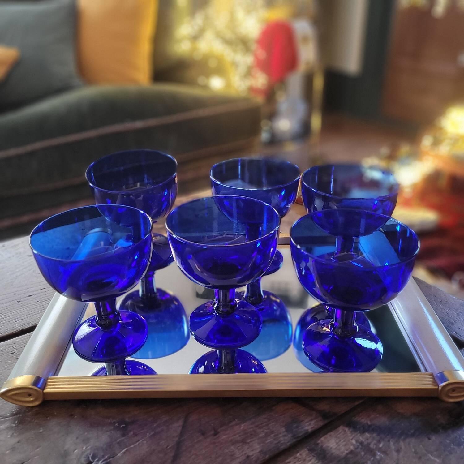 Vintage 70s-80s Stemmed Bowls in Cobalt Blue Glass