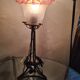 Lampe  fer forgé  1900  verre  dentelle pressé et moulé  a liseré rouge tres rare  tres belle  35x14