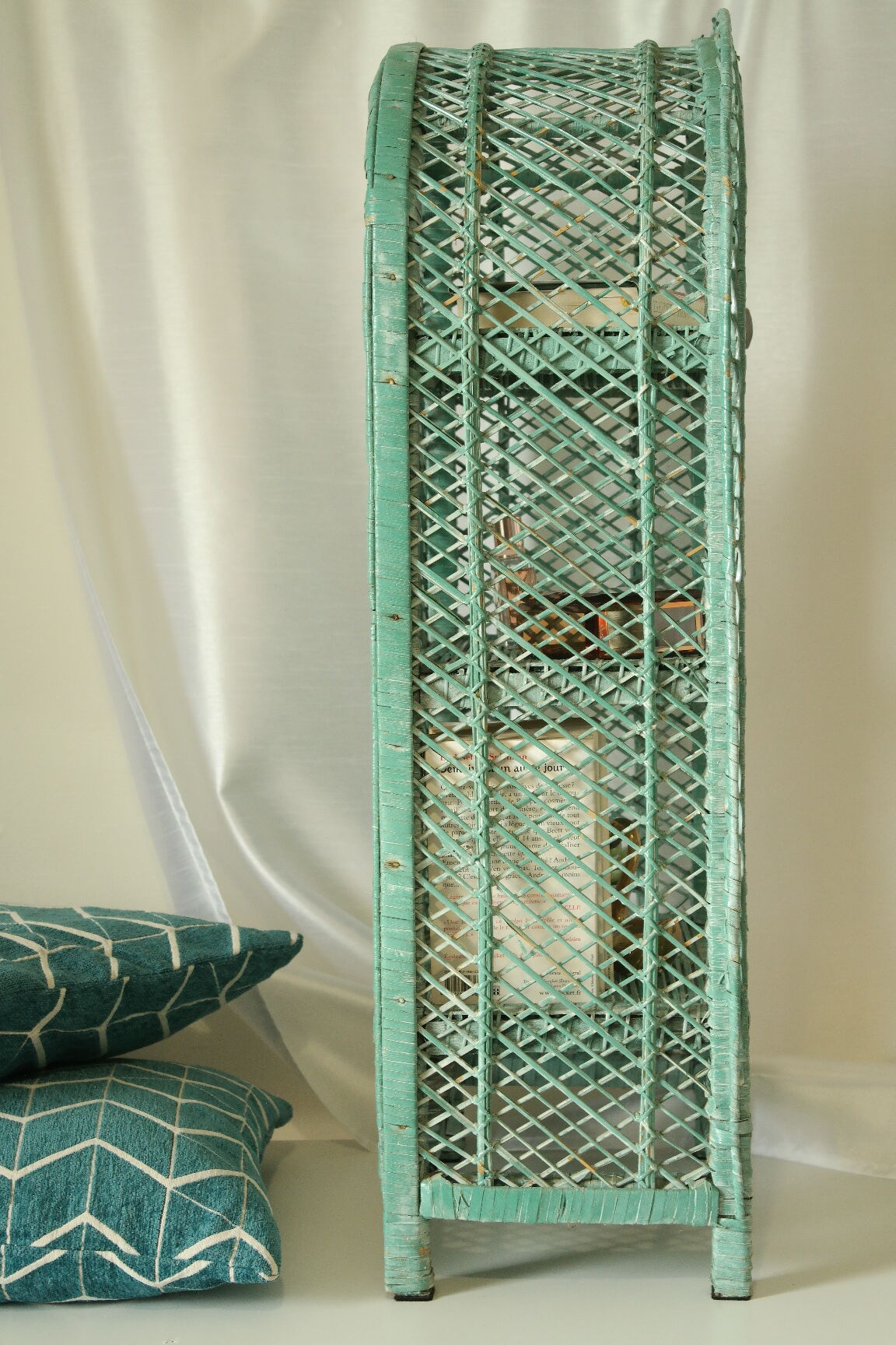 Vintage mint green wicker bookcase