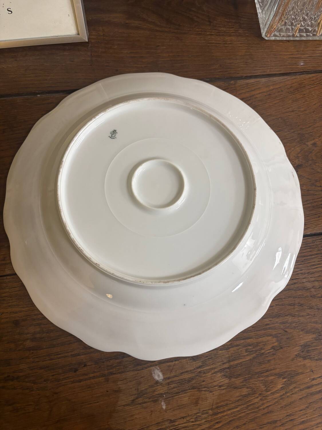 Vintage large round green porcelain serving platter with gold trim from Lim