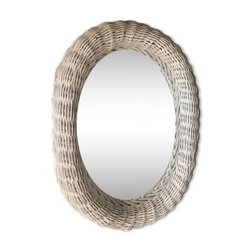 White wicker rattan mirror