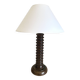 Sculpted wooden lamp, 2 m fabric cable, cotton shade.