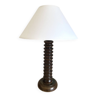 Sculpted wood lamp, 2 m fabric cable, cotton shade.