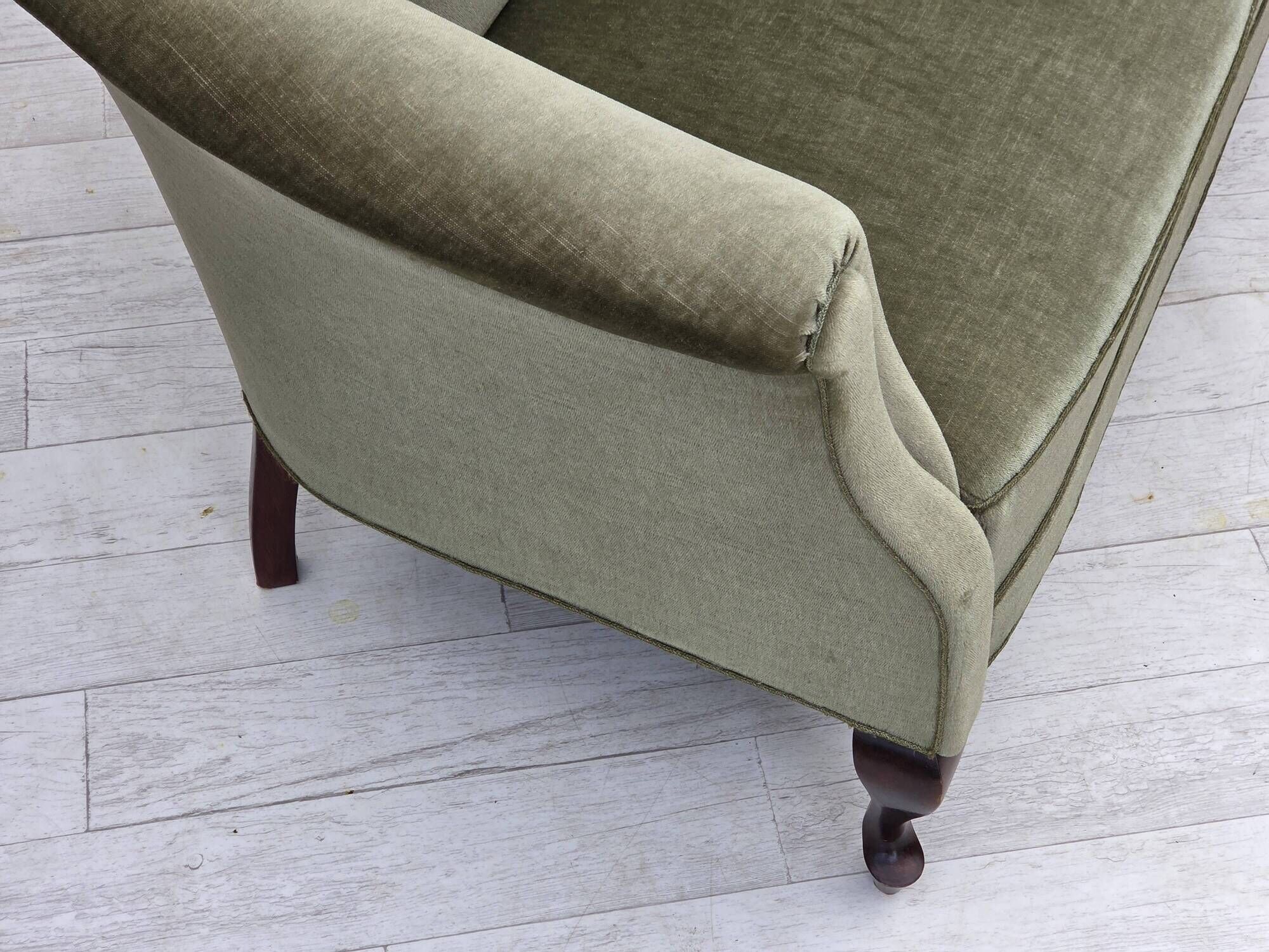 1960s, Danish 2-seater sofa, green furniture velour, beech wood.