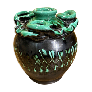 Ancien vase céramique vintage émaillé vert, la grange aux potiers