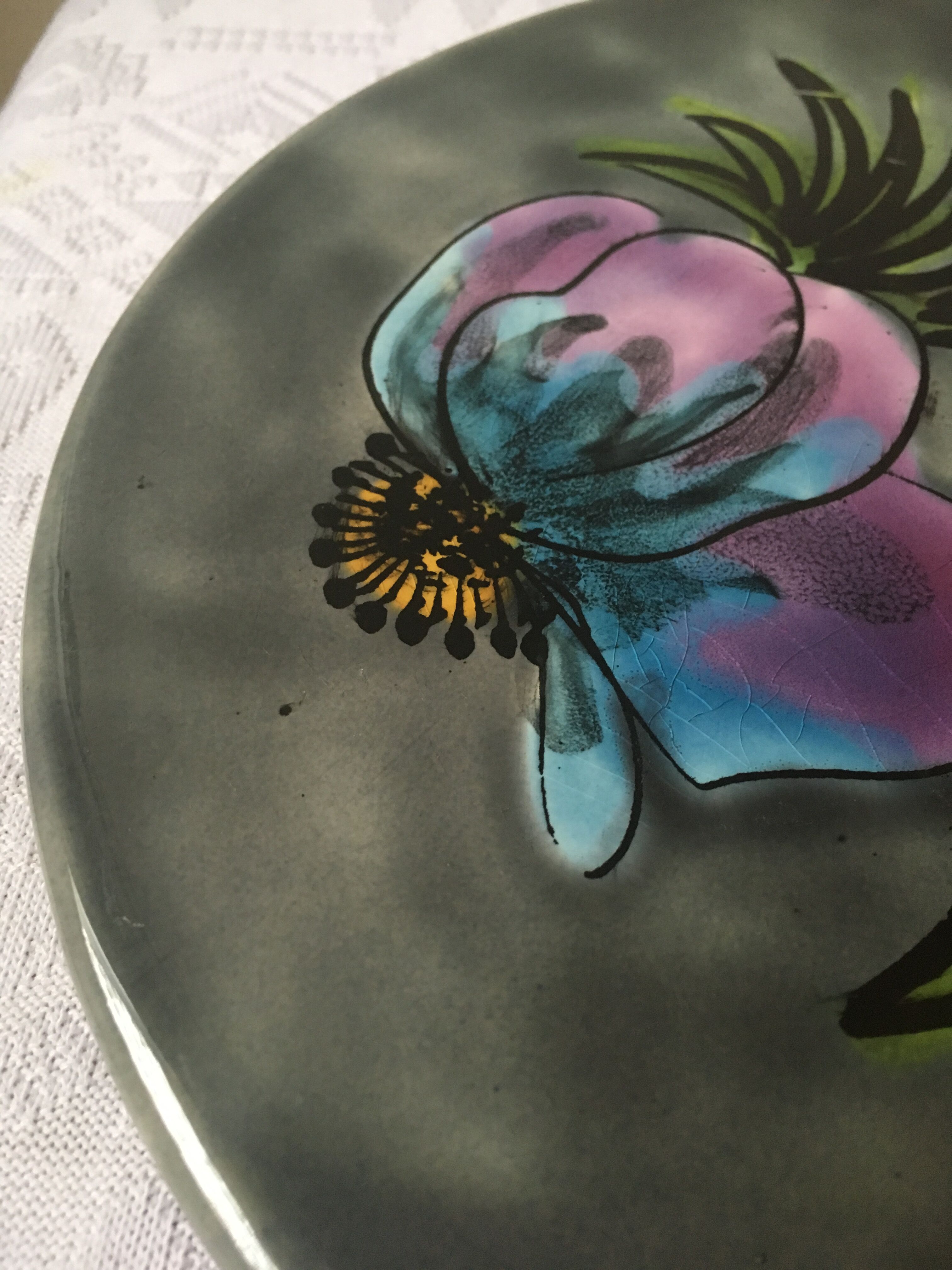 Blue flower underside signed La Roue de Vallauris