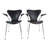 Seven Chairs With Armrests Model 3207 In Black Leather Arne Jacobsen & Fritz Hansen
