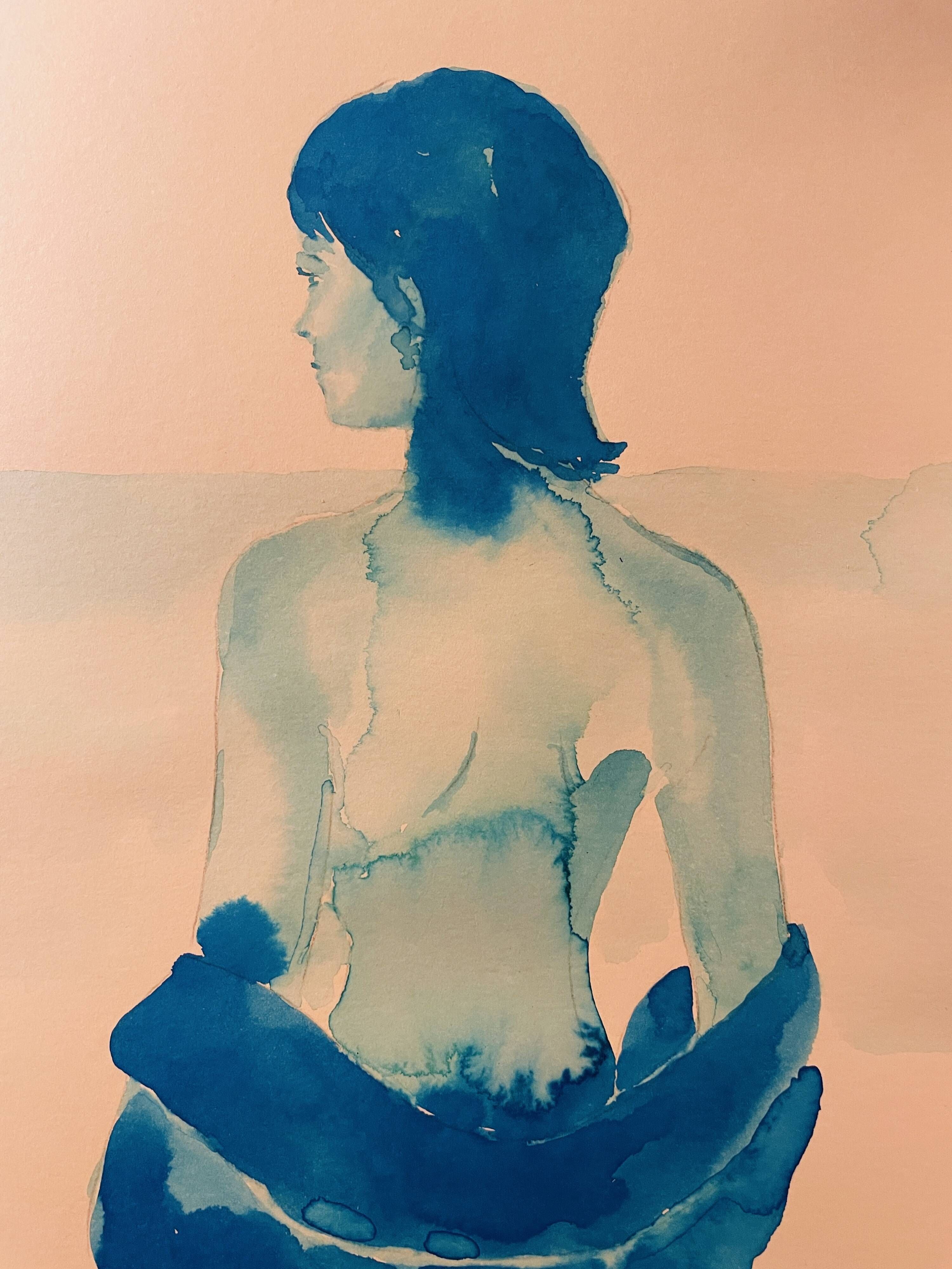 Signed monochrome blue painting of a female portrait "Weekend in Capri" Italy