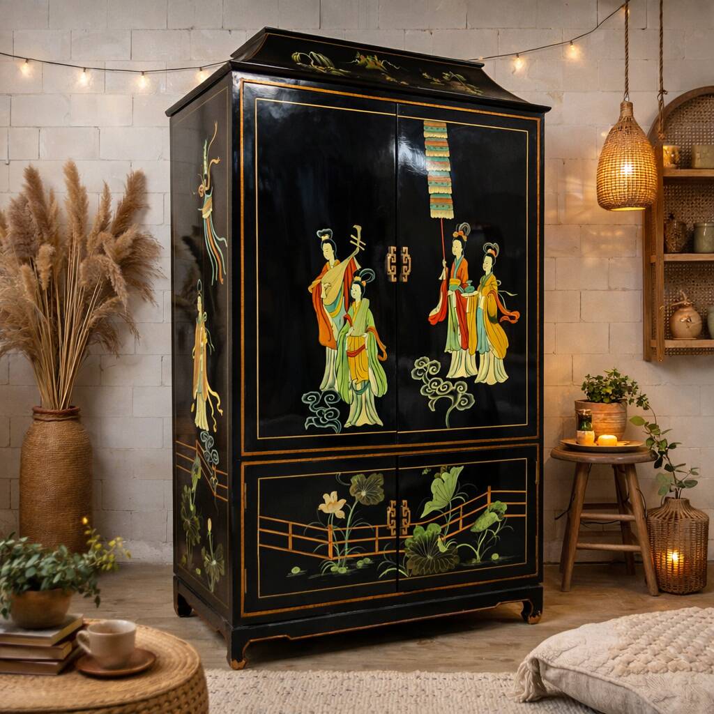 Vintage Chinese pagoda cabinet traditional scene (bohemian)