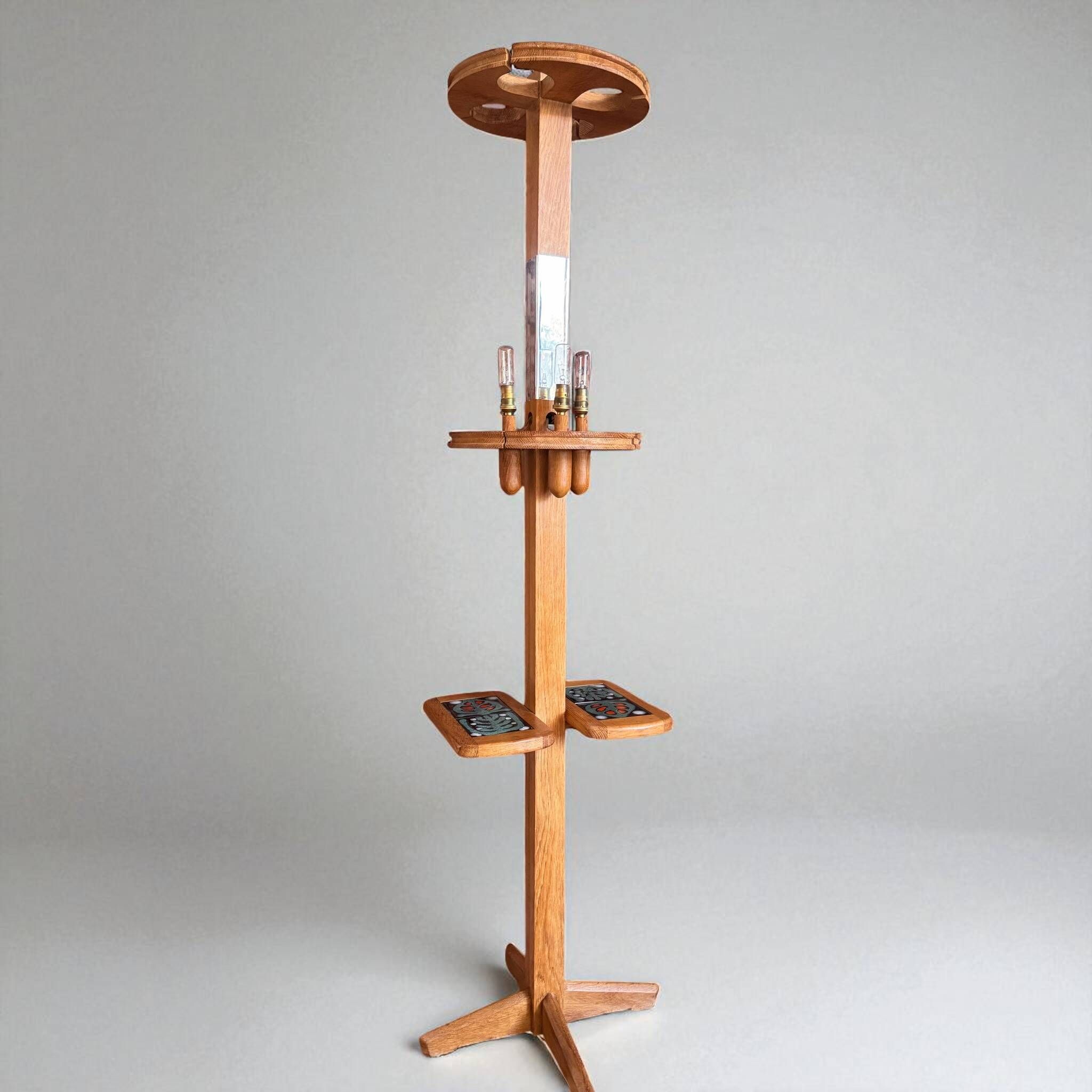 Rare oak and ceramic floor lamp – Guillerme et Chambron, 1950s