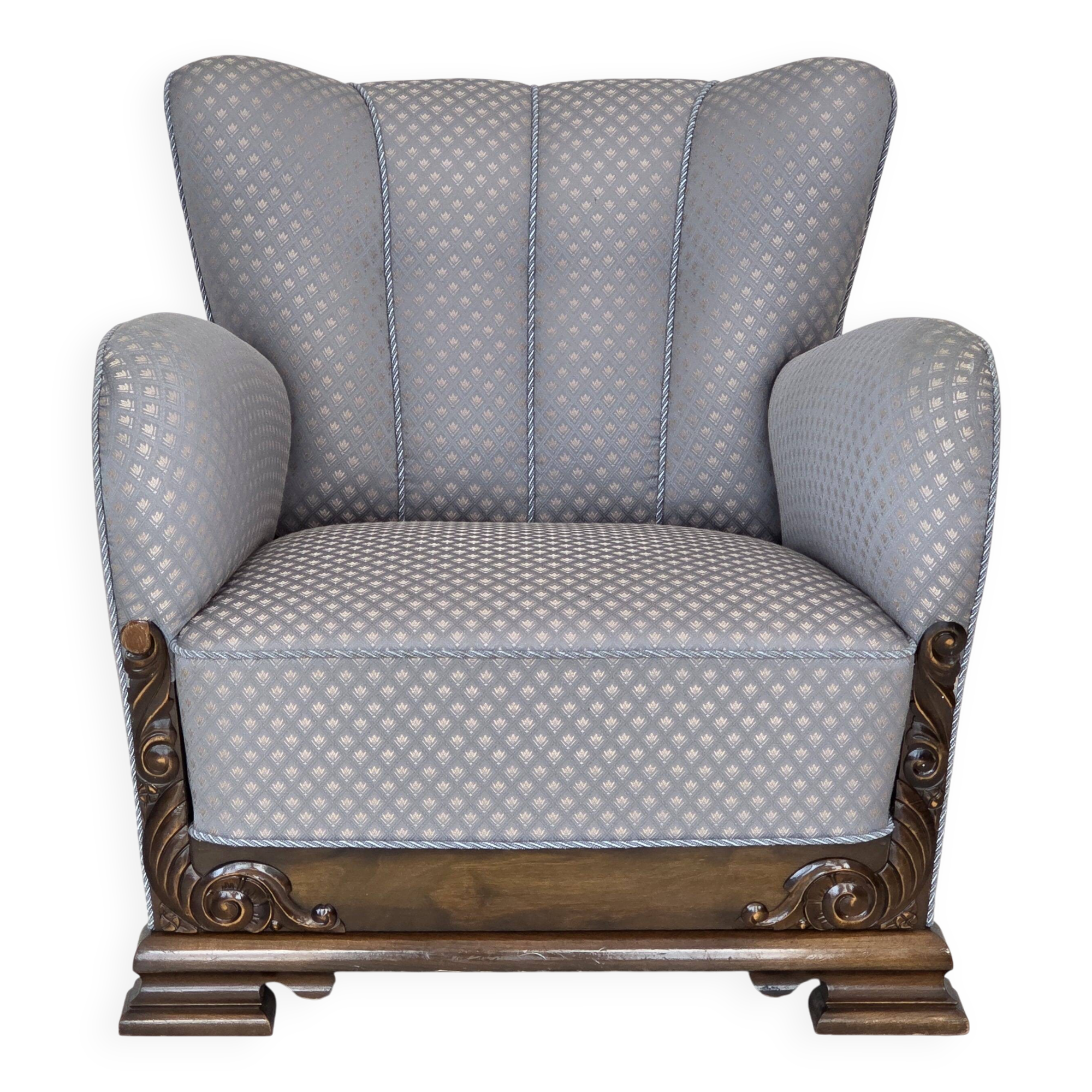 1950s, Danish armchair, furniture fabric, carved oak wood.