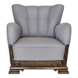 1950s, Danish armchair, furniture fabric, carved oak wood.