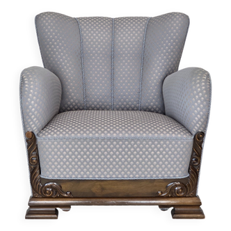 1950s, Danish armchair, furniture fabric, carved oak wood.