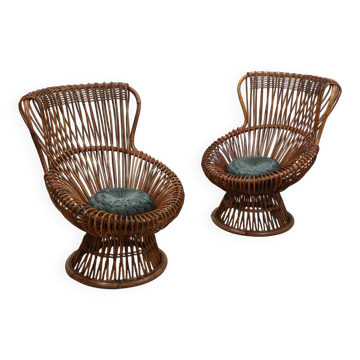 Pair of 1950s Franco Albini "Margherita" rattan & cane Armchairs 1950s