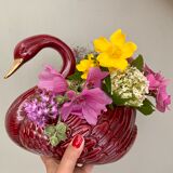 Vintage swan pot cover in red and gold ceramic