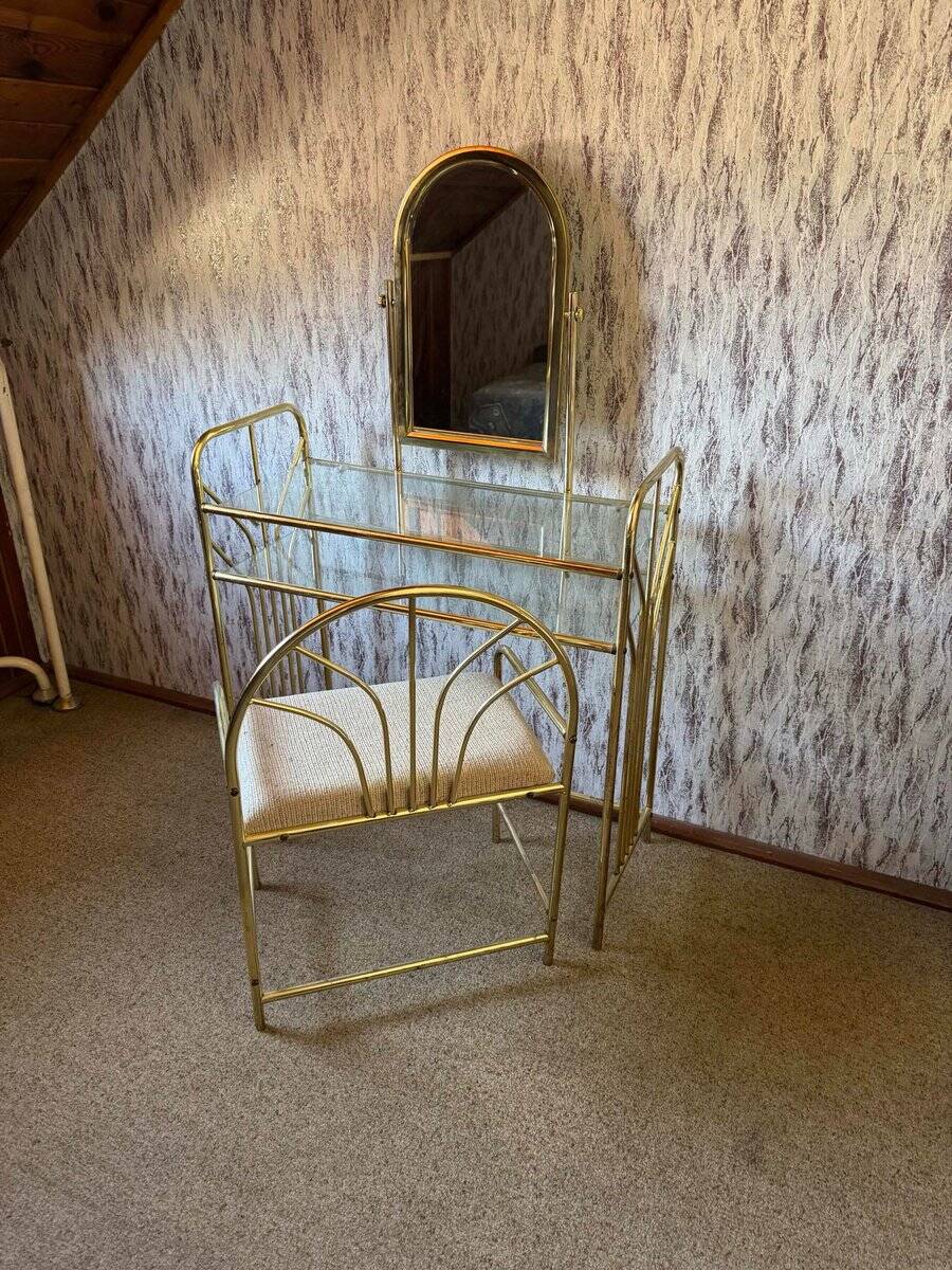 Vintage dressing table and stool in brass, 1950s, set of 2