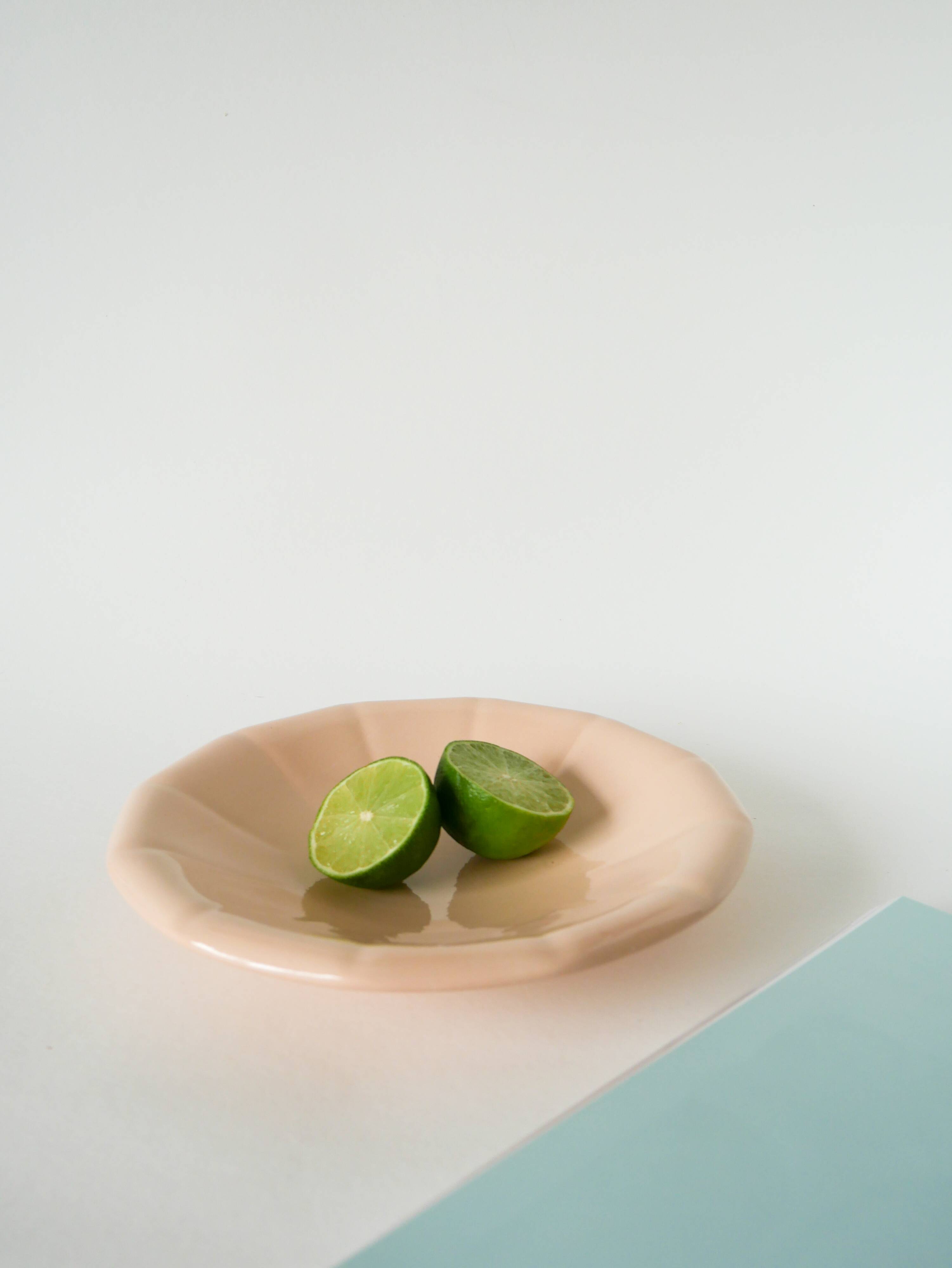 Digoin Sarreguemines pleated hollow dish, powder pink, 1960