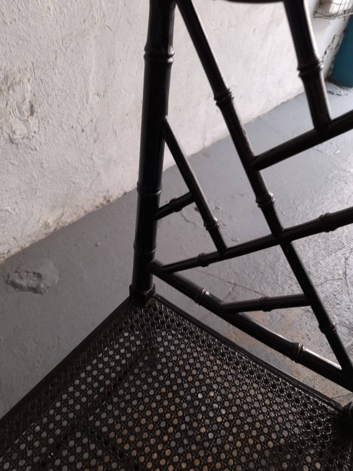 Black lacquered chair, faux bamboo, Chippendale, Jonathan Adler