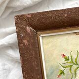 Old oil painting on cardboard bouquet of carnations signed and dated 1899