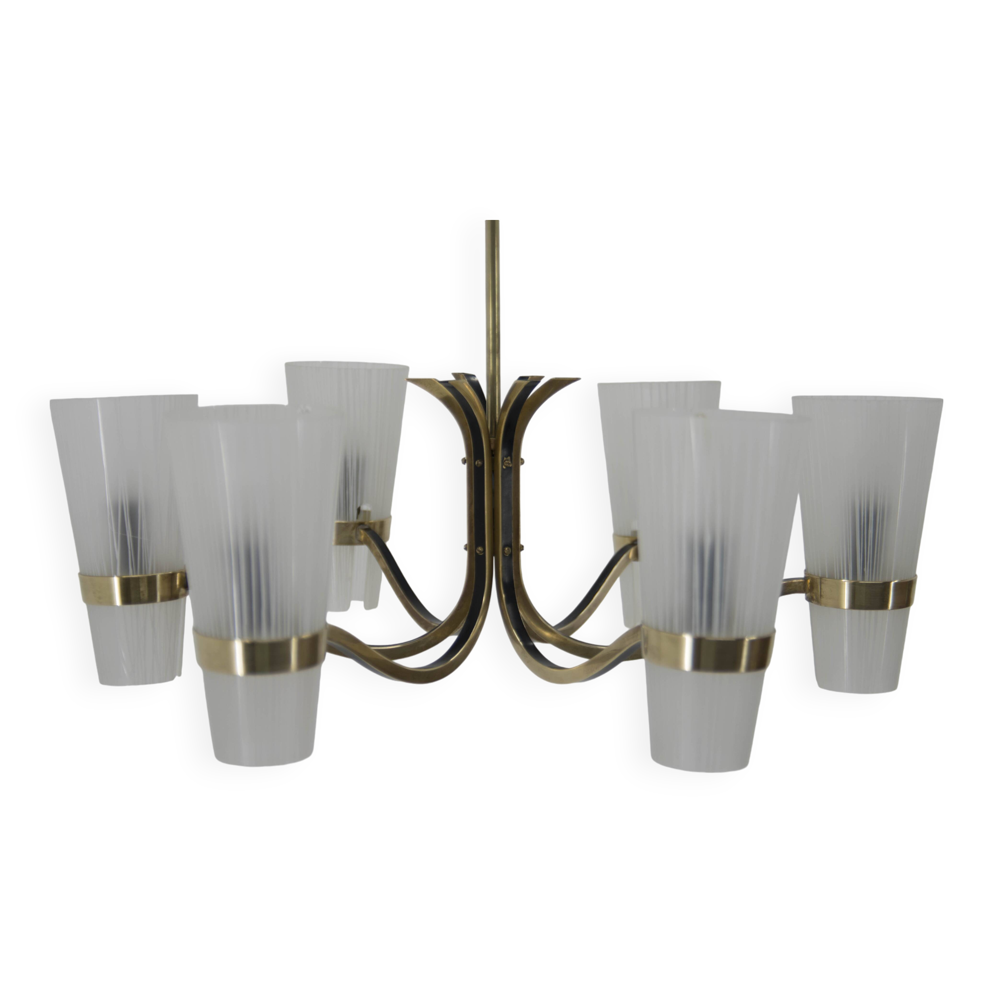 Brass and Glass Chandelier in Lyfa Style, Denmark, 1970s