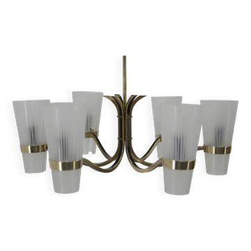 Lustre en laiton et verre de style Lyfa, Danemark, années 1970