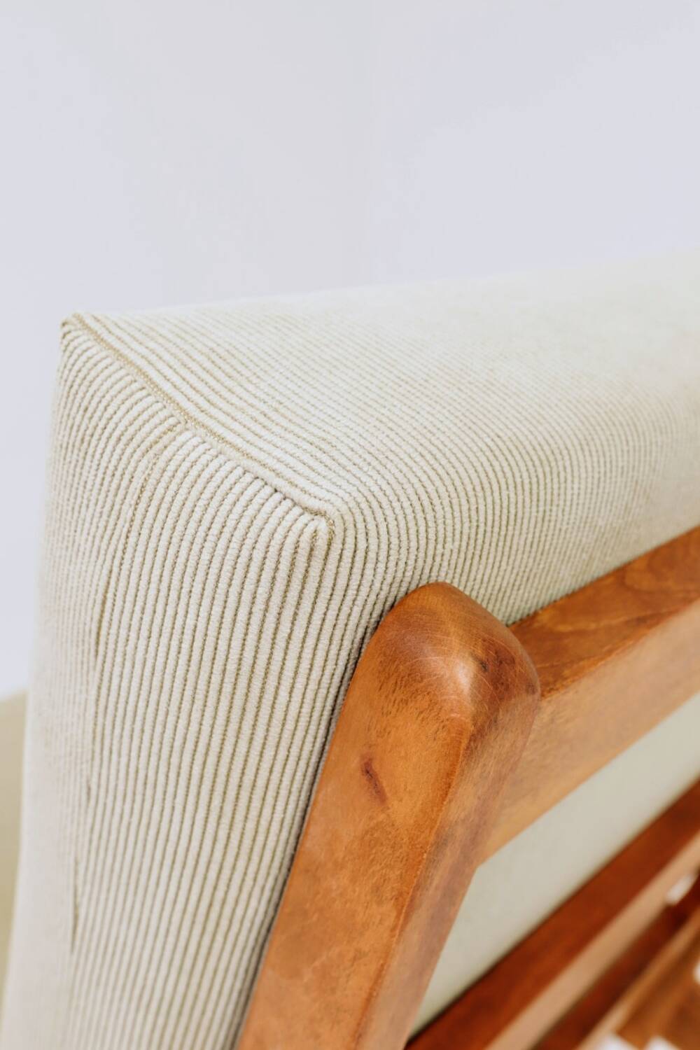 Vintage armchair in khaki corduroy, mid-century modern design from the 1960s.