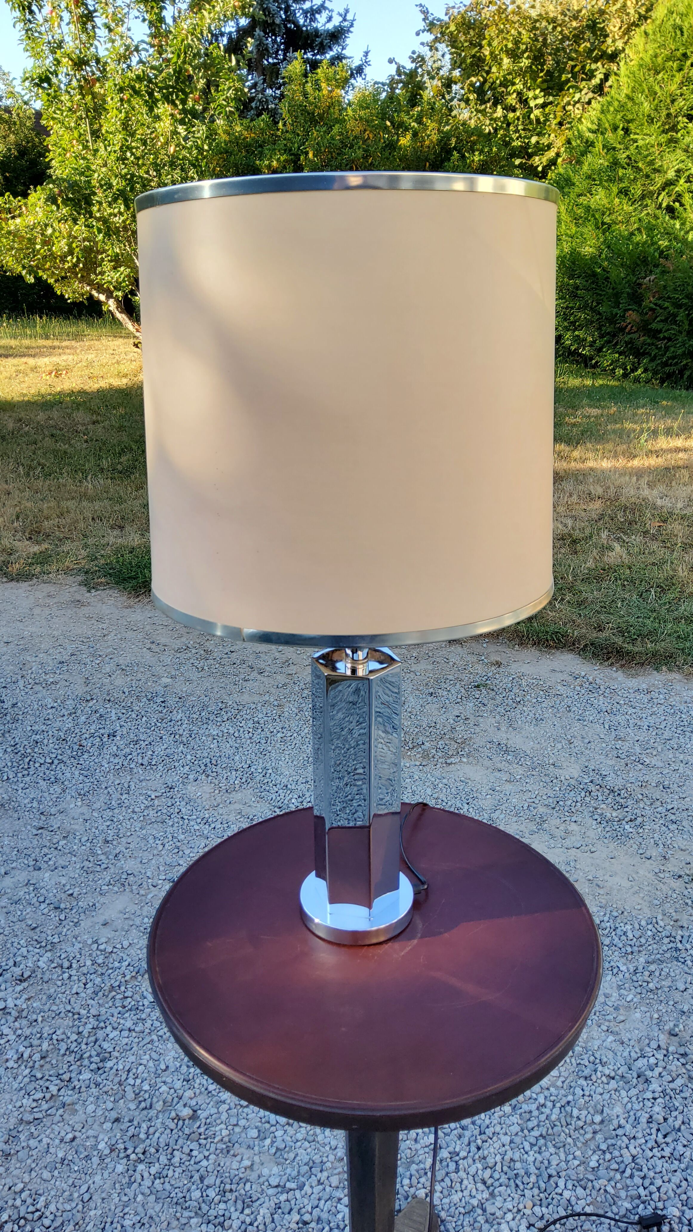 Lamp of the 70s in chrome metal original lampshade