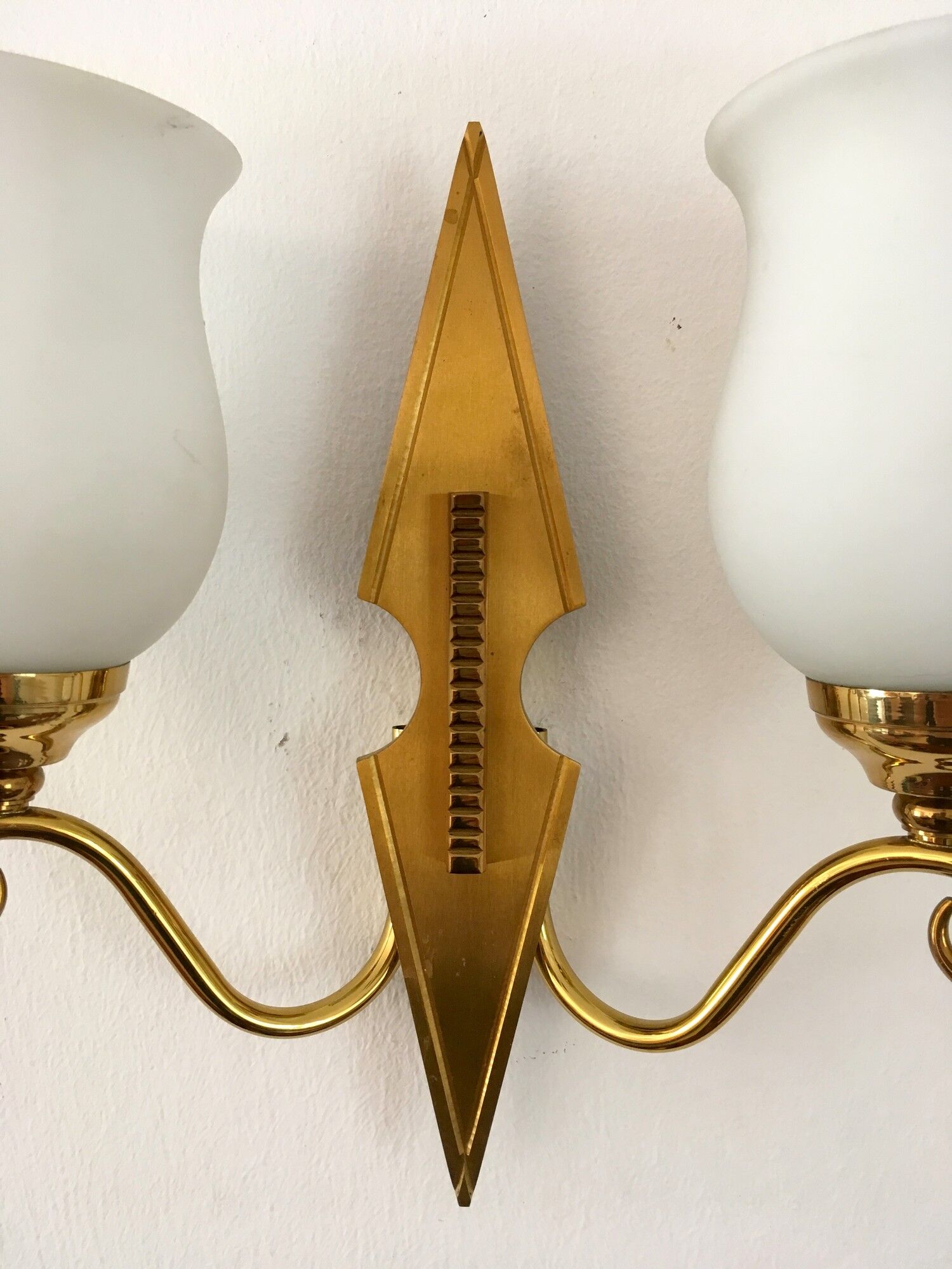 2 vintage brass and opaline sconces in the 1950