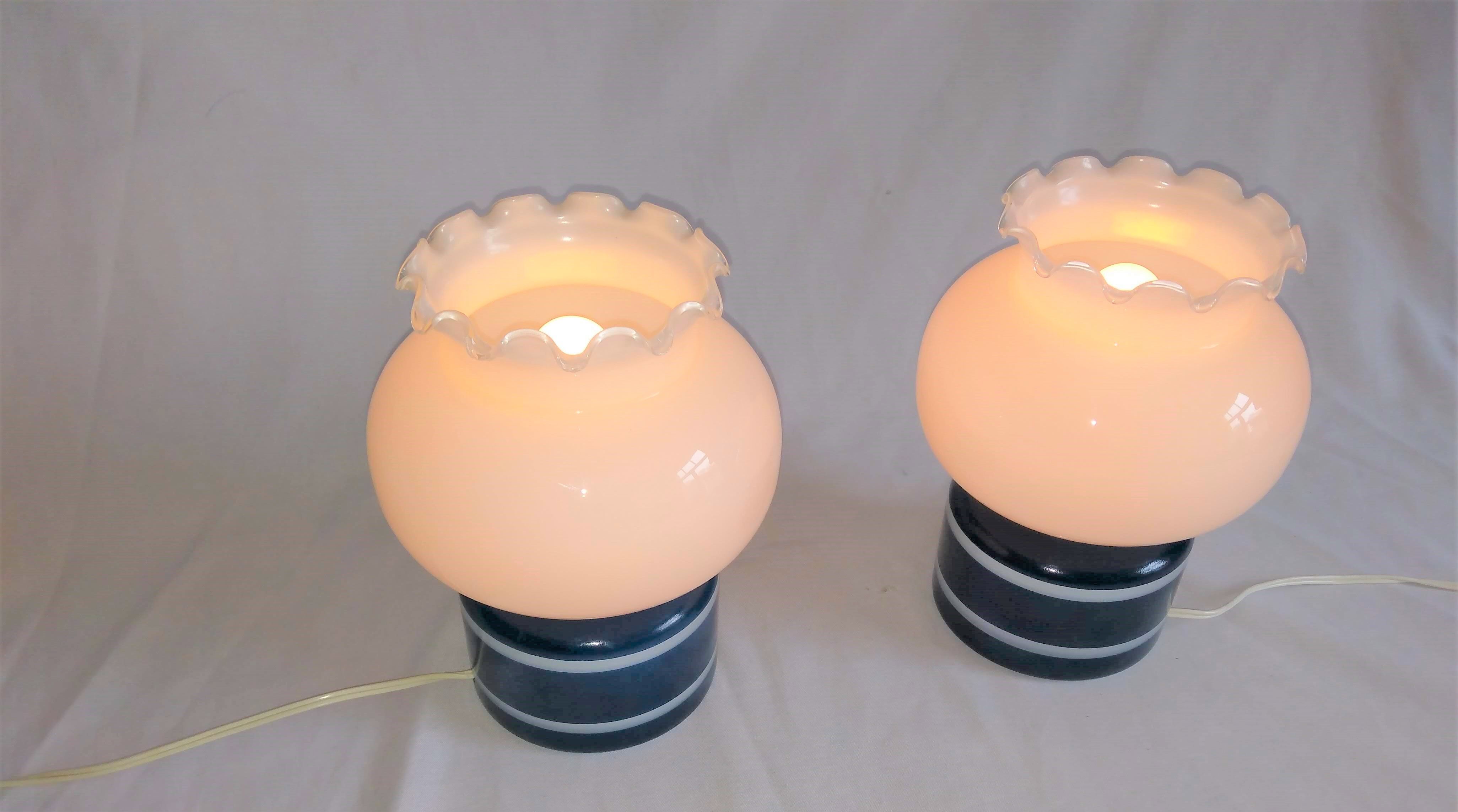 Pair of duck blue and white opaline lamps