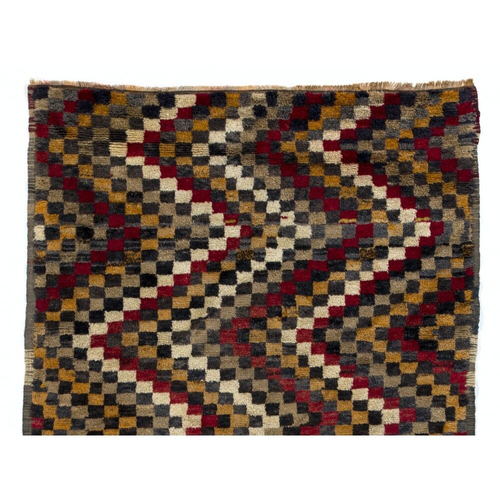 Vintage Hand-Knotted Turkish Tulu Rug with Checkered Zigzag Design in Red, Yellow, Gray and Brown, 100% Wool