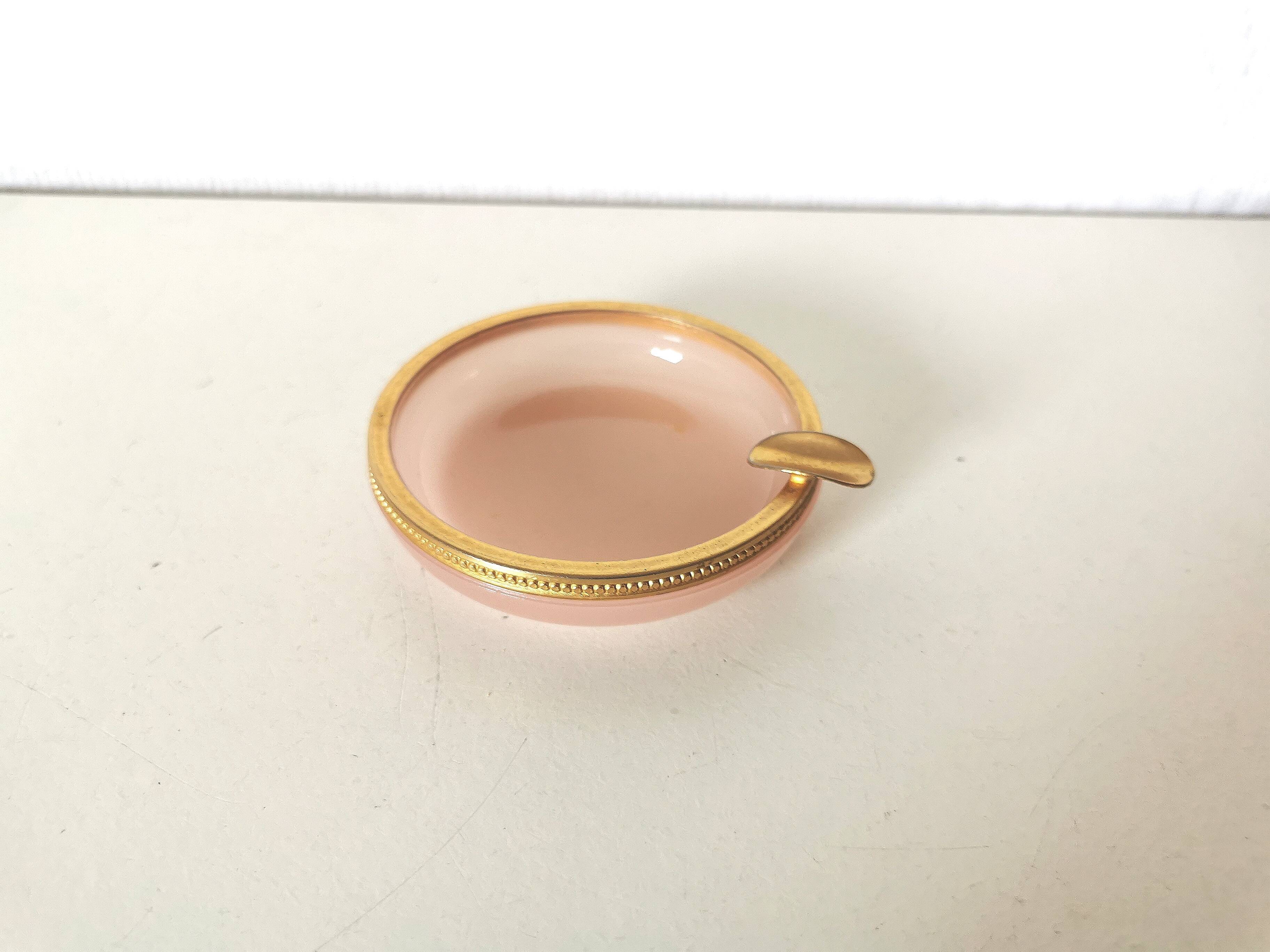 ashtray, pink opaline pocket emptier, gold metal rim, 70s, vintage Italian