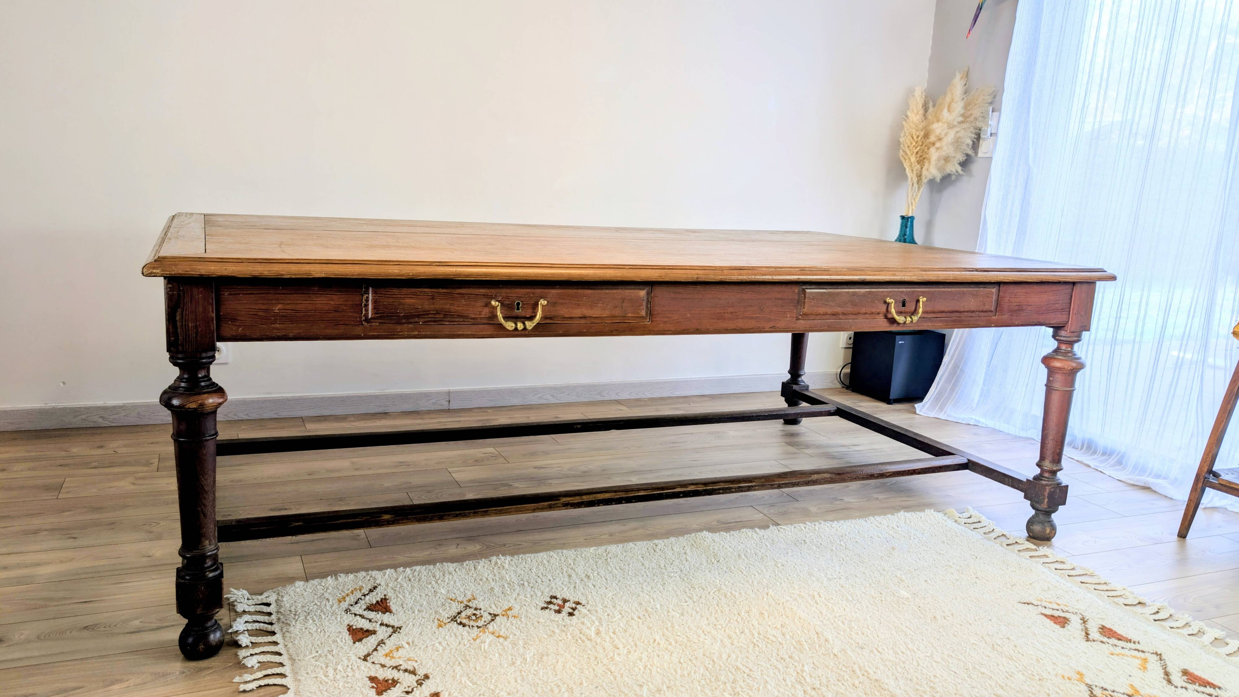 Large pitch pine table 230×140 – Early 20th century, warm and charming