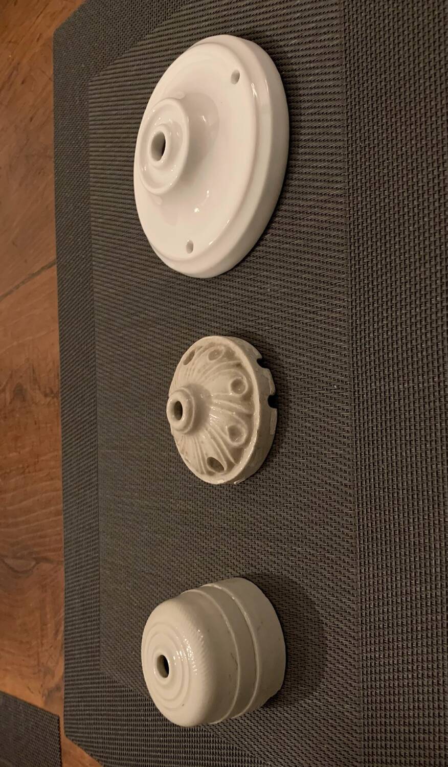 Pair of black and white sheet metal pendant lights, ceramic sockets