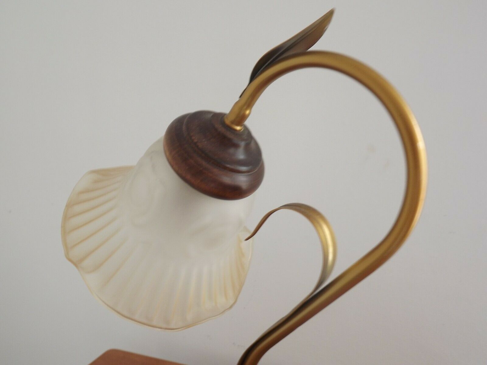 French vintage gold coloured metal & wood table lamp decorative glass shade