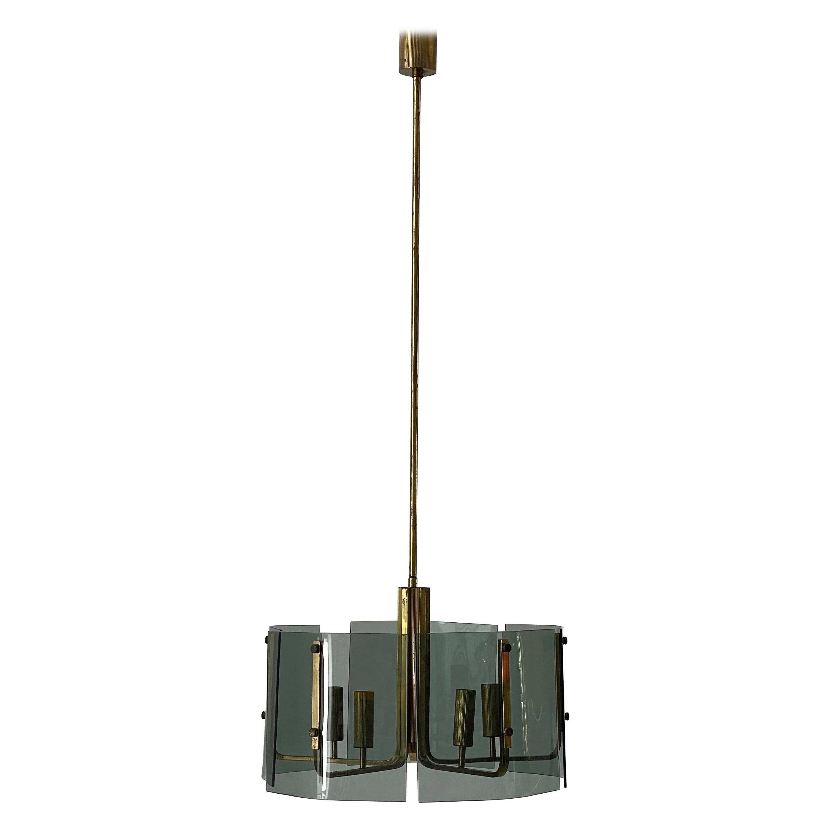 Grey glass chandelier with a brass body, 1960, Italy