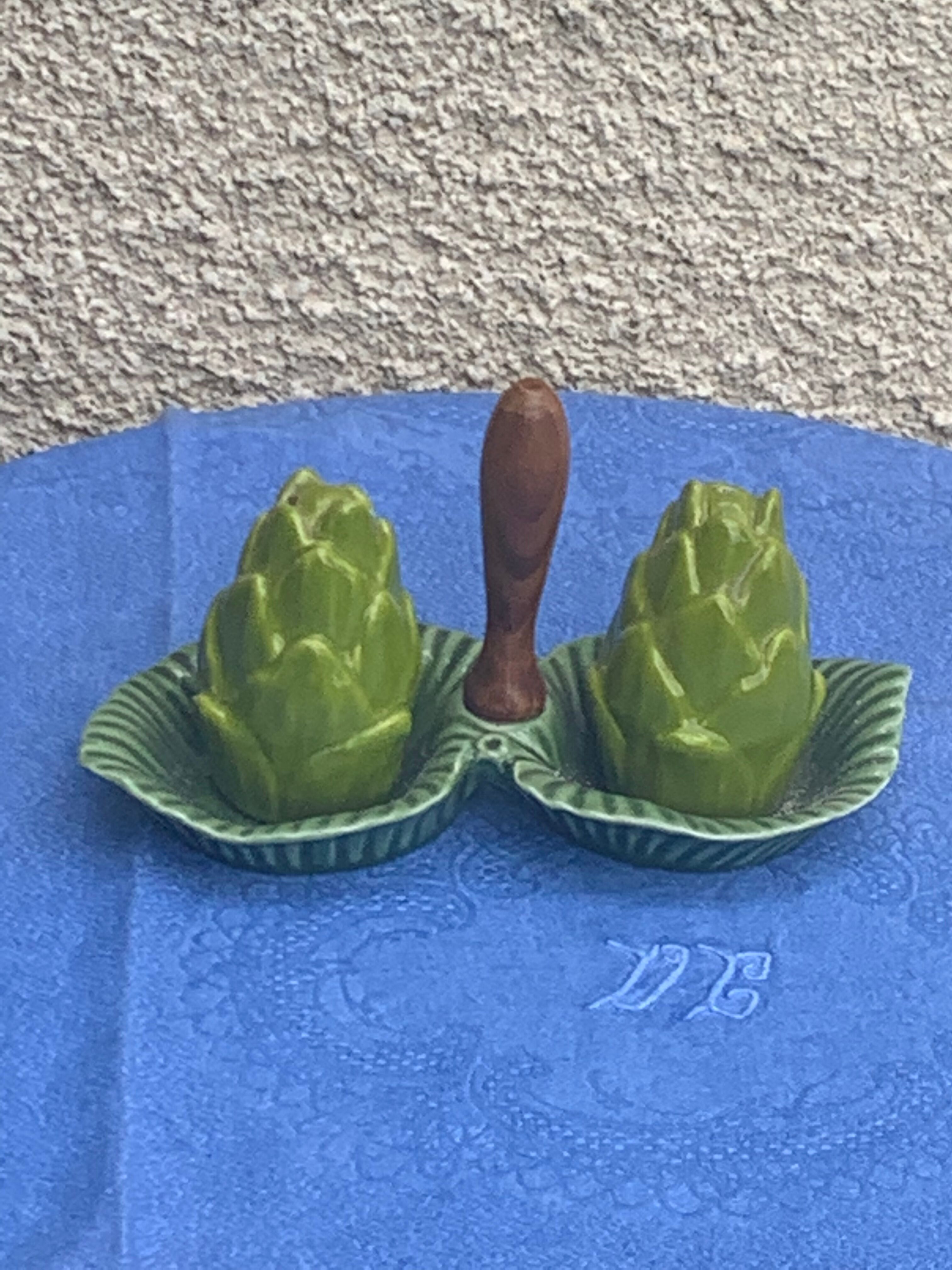 Vintage glazed ceramic barbotine artichoke shaped salt cellars